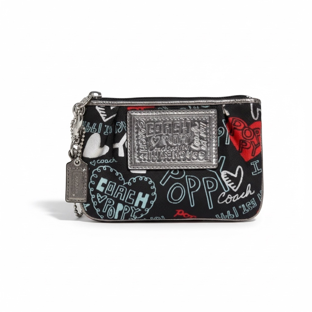 RARE Coach Poppy Wristlet Purse Black Graffiti Hearts Silver Zip Pouch Wallet - Picture 3 of 8